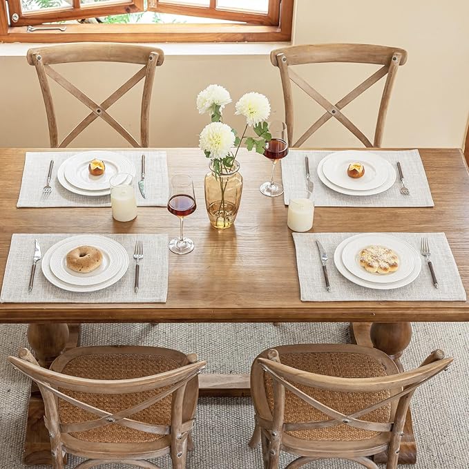Blue Forest Placemats Set of 8, Dual-Layered Thickened Faux Linen Cloth Place Mats Heat Resistant Machine Washable Wrinkle Free Table Mats Indoor/Outdoor (Cream Beige)