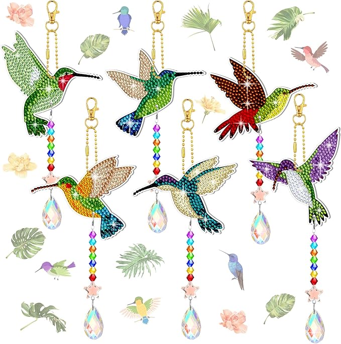Tradder 6 Pcs Diamond Art Kits 5d Rhinestone Painting Wind Chimes Art Sun Catchers Double Sided Hummingbird Birds Art Kits with Crystal Pendant for Adults Home Window Decor Garden