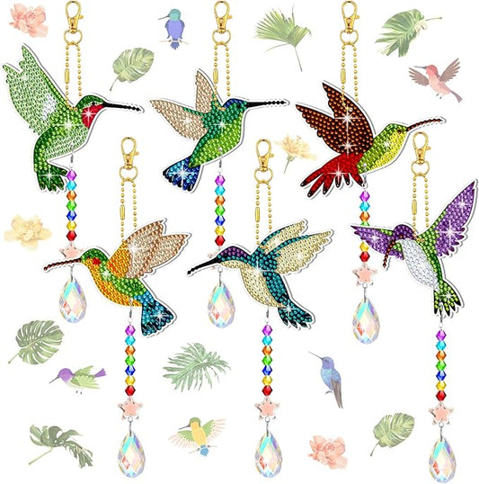 Tradder 6 Pcs Diamond Art Kits 5d Rhinestone Painting Wind Chimes Art Sun Catchers Double Sided Hummingbird Birds Art Kits with Crystal Pendant for Adults Home Window Decor Garden