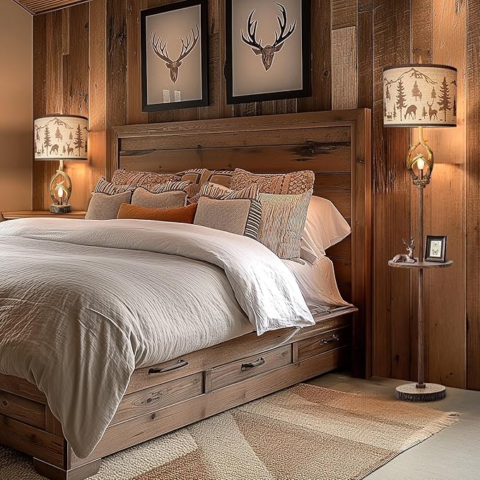 Antlers Style Metal Tray Floor Lamp with Night Light Rustic Standing Lamp with Linen Fabric Shade Farmhouse Vintage Floor Lamp Decor for Living Room Bedroom House Home Office (Bulb Included)