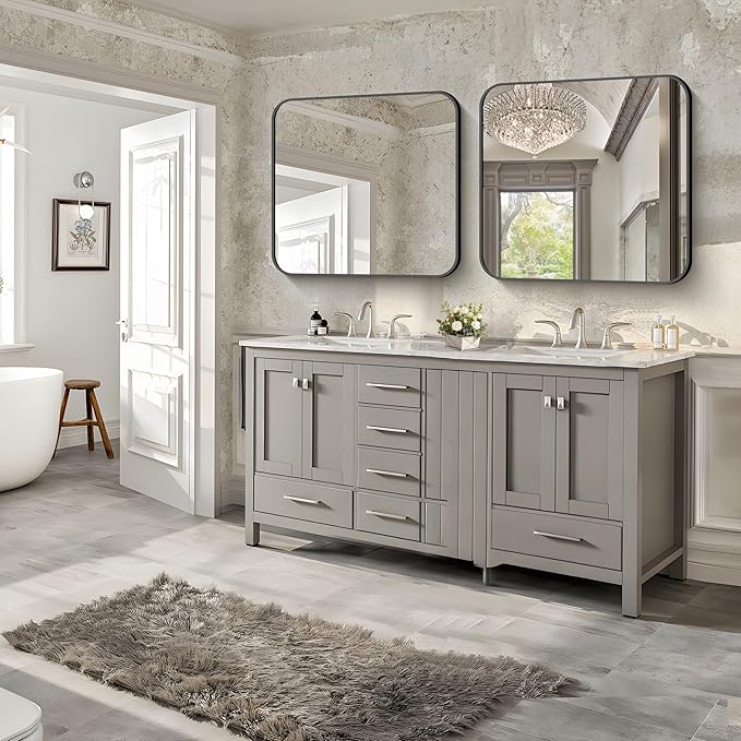 FORBATH Bathroom Mirror 30" x 30", Large Square Wall Mirror with Black Aluminum Frame Rounded Corner, Wall Mounted Mirror for Bathroom Bedroom Entryway Living Room