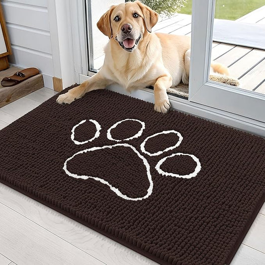 OLANLY Dog Door Mat for Muddy Paws 36x24, Paw Print Design, Absorbs Moisture and Dirt, Absorbent Non-Slip Washable Doormat, Quick Dry Chenille Mud Mat for Dogs, Entry Indoor Entryway Carpet, Brown