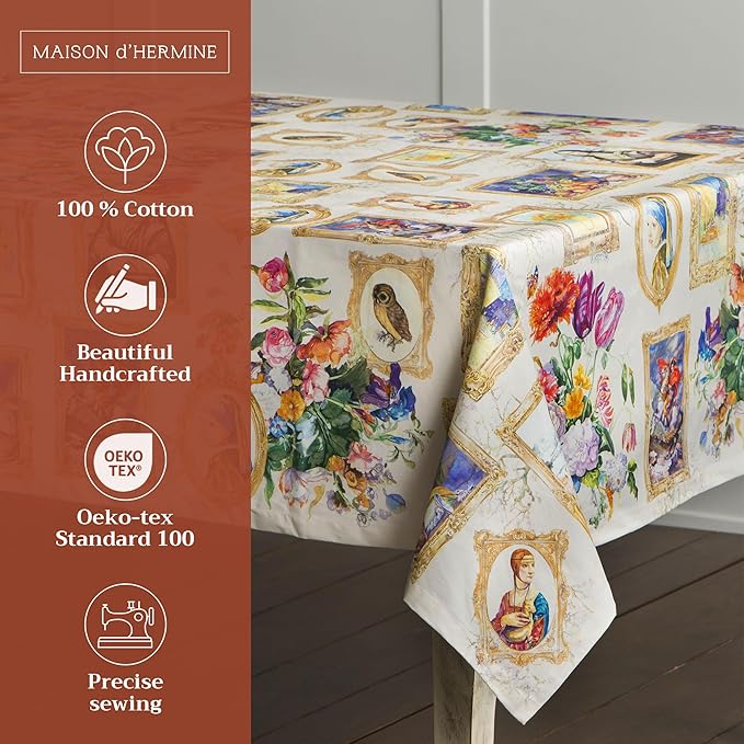 Maison d' Hermine Table Cloth Rectangle Table 100% Cotton 60 x 90 Inches Tablecloth Reusable Decorative for Dining Room, Farmhouse, Home, Party, Festive & Wedding Spring Summer - Masterpiece