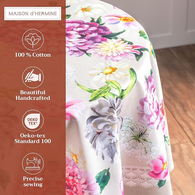 Maison d' Hermine Table Cloth Round Table 100% Cotton 63 Inches Tablecloth Reusable Decorative Everyday Use for Dining Room, Farmhouse, Home, Party, Festive & Wedding Spring Summer - Pivoine