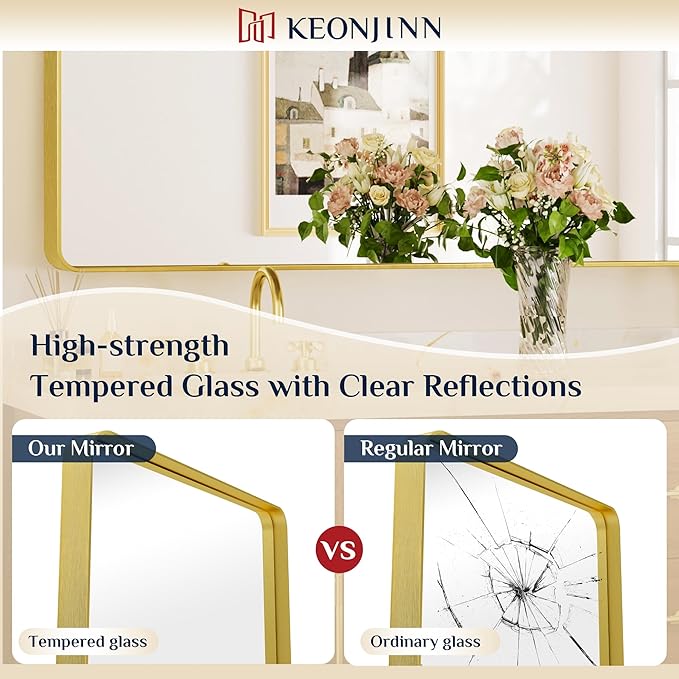 Keonjinn Gold Bathroom Mirrors for Over Sink, 24” x 30” Rounded Rectangle Brushed Gold Vanity Mirror, Anti-Rust Brass Mirror with HD Tempered Glass, Decorative Farmhouse Mirrors, Horizontal/Vertical