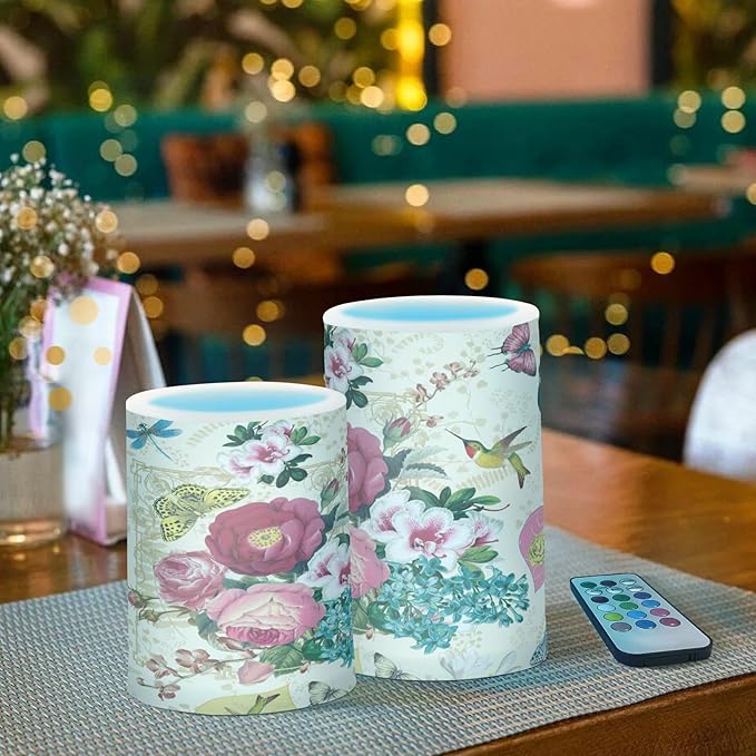 Beautiful Spring Flowers Butterflies Hummingbirds Flickering Flameless Candles Battery Operated with Remote Timer,Tea Light Candles LED Pillar Votive Candles set of 2 for Outdoor Indoor Decorations