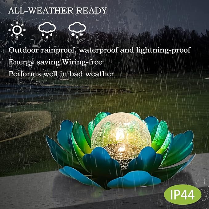 WNP Solar Powered Outdoor Decorative Lights Waterproof Lotus Flower with Crackle Glass Globe and Metal Base for Garden Patio Pathway Yard Tabletop Decor,Birthday Gift for Mom Sister Grandma