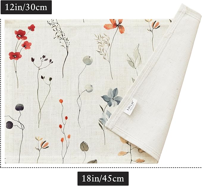 LilyCat Linen Fabric Floral Placemats, Waterproof Durable Boho Dining Table Mats for Kitchen, Rustic Vintage Washable Place Mats Set of 6, 18’’× 12’’