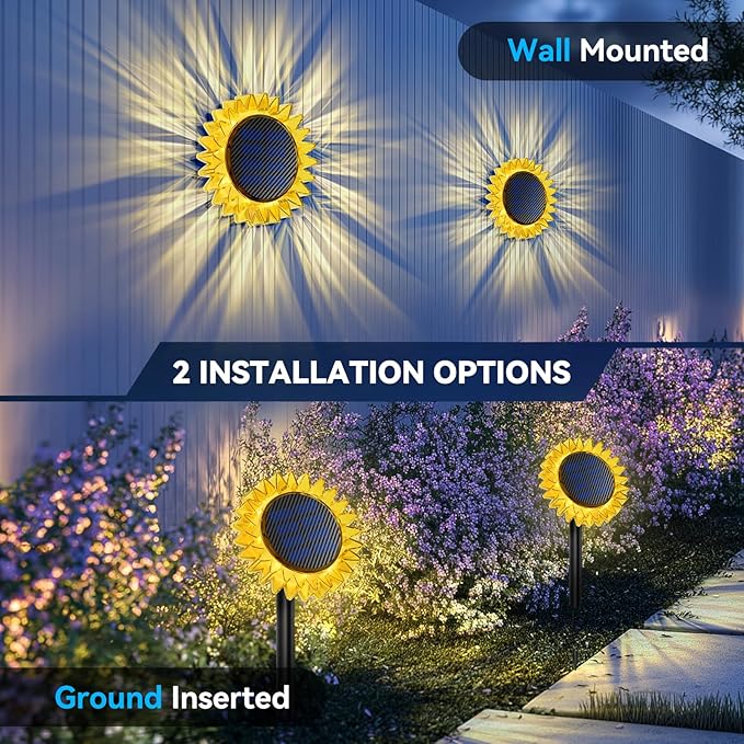 Solar Garden Lights - Upgraded Solar Sunflower Light, Ground/Wall 2 In 1, Solar Outdoor Lights Waterproof IP67,Garden Yard Patio Backyard Pathway Landscape Fence Wall Decoration, Warm White(6 Pack)