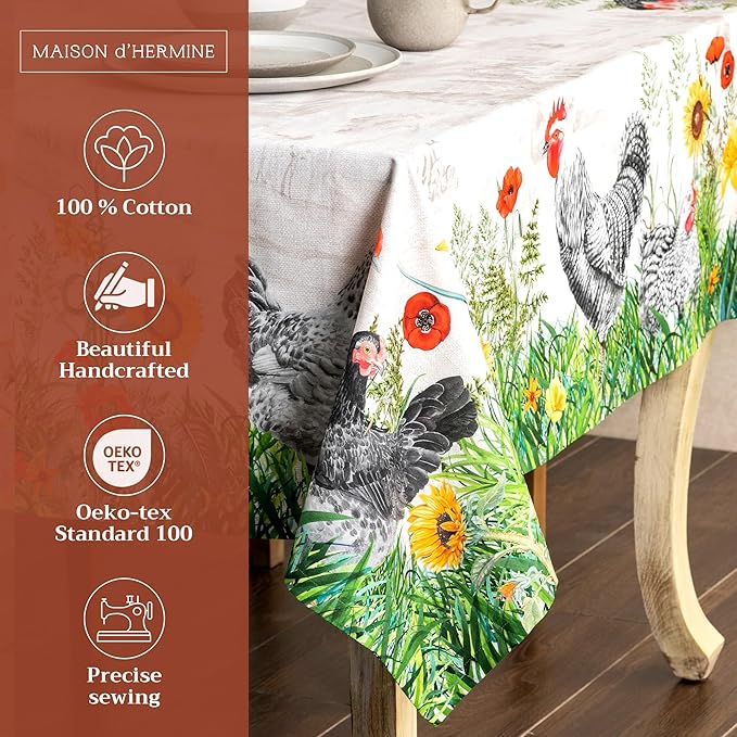 Maison d' Hermine Table Cloth Rectangle Table 100% Cotton 70 x 90 Inches Tablecloth Reusable Decorative for Dining Room, Farmhouse, Home, Party, Festive & Wedding Spring Summer - Basse Cour