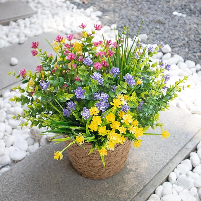 12 Bundles Fake Flowers, Artificial Flowers for Outdoors UV-Resistant No Fade Fake Plants for Planters Porch Home Garden Porch Patio Decoration Outdoor Indoor – Fall & Summer Decor