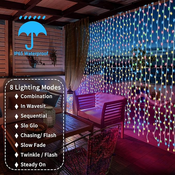 2 Pack Solar Curtain Lights Remote Control, Outdoor Garden Lights 300 LED 8 Modes Waterproof Solar Waterfall Fairy String Lights Decoration for Patio Garden Party Wedding (Multicolor 2 Pack)