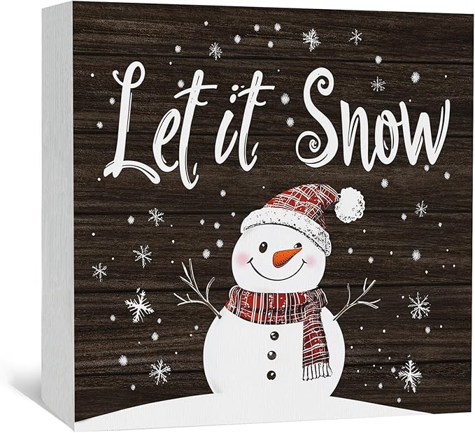 Let It Snow Sign, Christmas Snowman Snowflake Wooden Box Sign, Snowman Christmas Decorations, Winter Wood Signs for Home Office Desk Table Shelf Decor, 5x5 Inch