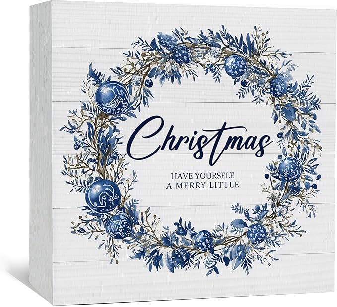 Have Yourself a Merry Little Christmas Sign, Blue Christmas Wreath Wooden Box Sign, Christma Wreath Decorations, Christma Wood Signs for Home Office Desk Shelf Table Decor, 6x6 Inch