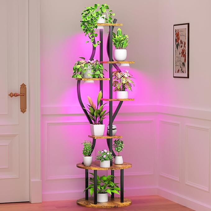 Plant Stand Indoor with Grow Lights, 7 Tier Tall Metal Plant Shelf for Multiple Plants, 55″ Lighted Plants Shelves Corner Flower Holder, Vase Shape Plant Display Rack for Home Living Room Patio