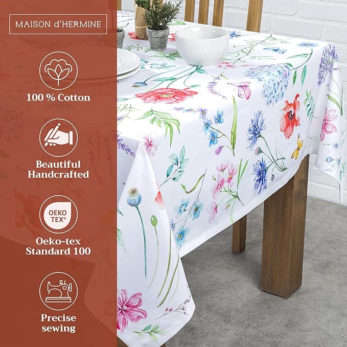 Maison d' Hermine Table Cloth Square Table 100% Cotton 60 x 60 Inches Tablecloth Reusable Decorative Everyday Use for Dining Room, Farmhouse, Home, Party, Festive & Wedding Spring Summer - Just Floral