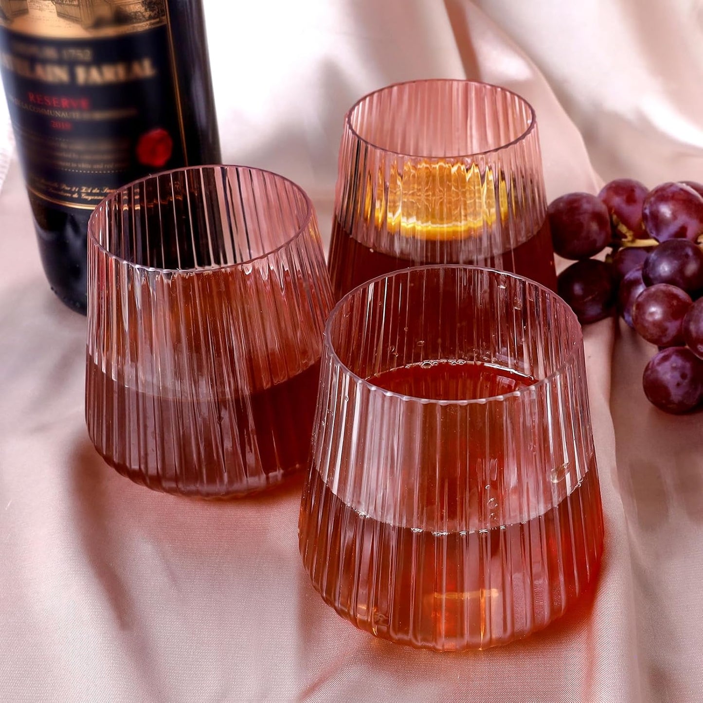 40 Pack Plastic Ribbed Wine Glasses, 14Oz Origami Disposable Wine Glasses Unbreakable Clear Plastic Cocktail Glasses Recyclable Shatterproof Reusable Wine Cups (14oz-pink-40pack)