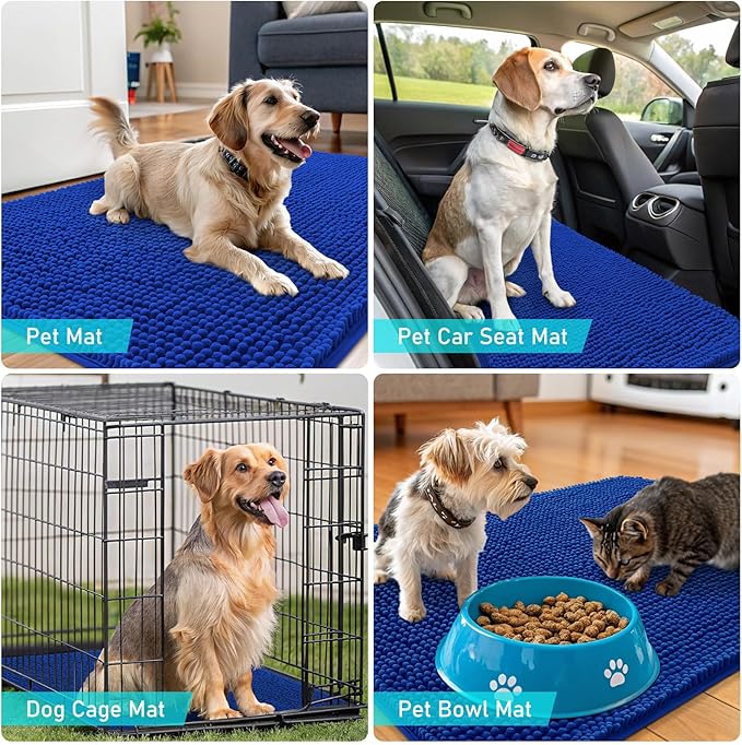 OLANLY Dog Door Mat for Muddy Paws 47x17, Absorbs Moisture and Dirt, Absorbent Non-Slip Washable Doormat, Quick Dry Chenille Mud Mat for Dogs, Entry Indoor Entryway Carpet for Inside Floor, Royal Blue