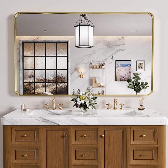 Gold Bathroom Mirror, 55x36 Inch Brushed Gold Metal Frame Mirror for Wall, Rounded Rectangle Bathroom Vanity Mirror, Tempered Glass, Anti-Rust, Horizontal/Vertical