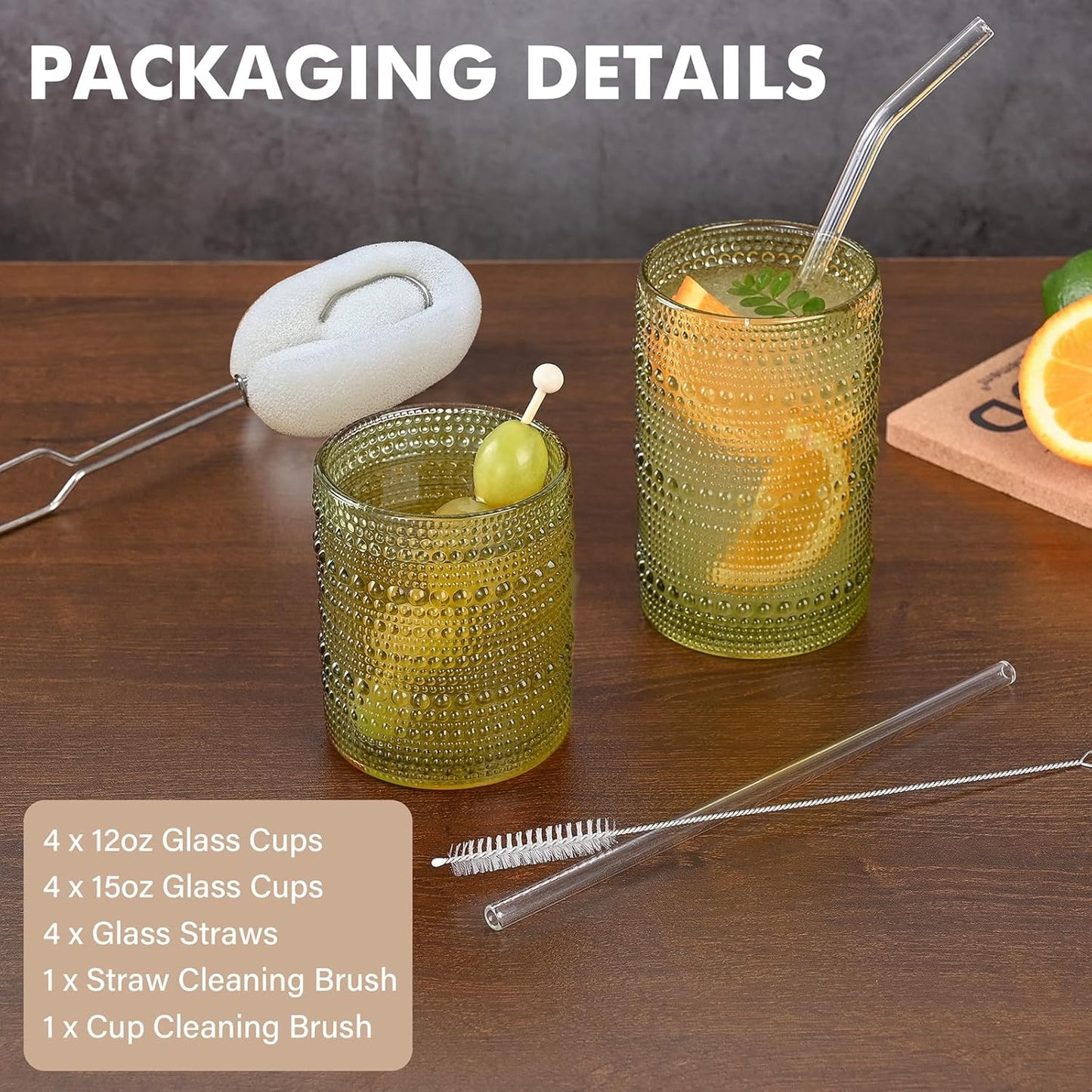 Vintage Hobnail Drinking Glasses Set of 8,Green 12 oz & 15oz Highball Glass Cups, Kitchen Drinkware Glassware,Embossed Water Tumbler,for Beer,Cocktail,Whiskey,Juice and Various Mixed Drinks