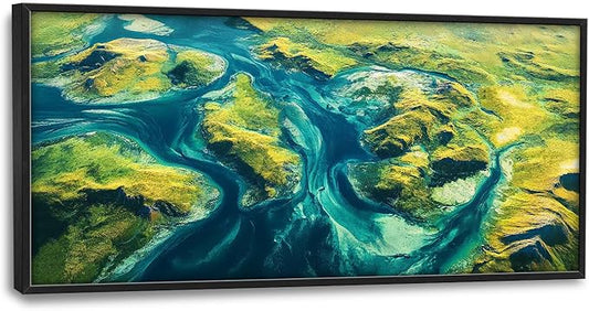 Lovira Natural Landscape Aerial View Large Wall Art Green River Island Spring Canvas Wall Decor Pictures Prints Painting Framed Modern Artwork for Living Room Bedroom Bathroom Kitchen Office 30"x60"