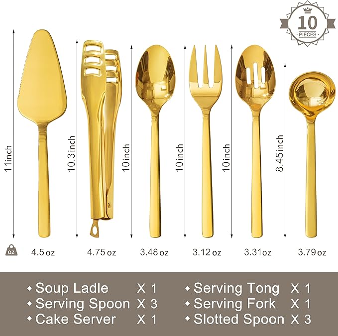 KINGSTONE Large Hostess Gold Serving Utensils Set, Heavy Duty 18/10 Stainless Steel - 10 inch Serving Spoons, Slotted Spoons, Forks, Tongs, Cake Pie Server for Buffet, Wedding, Party