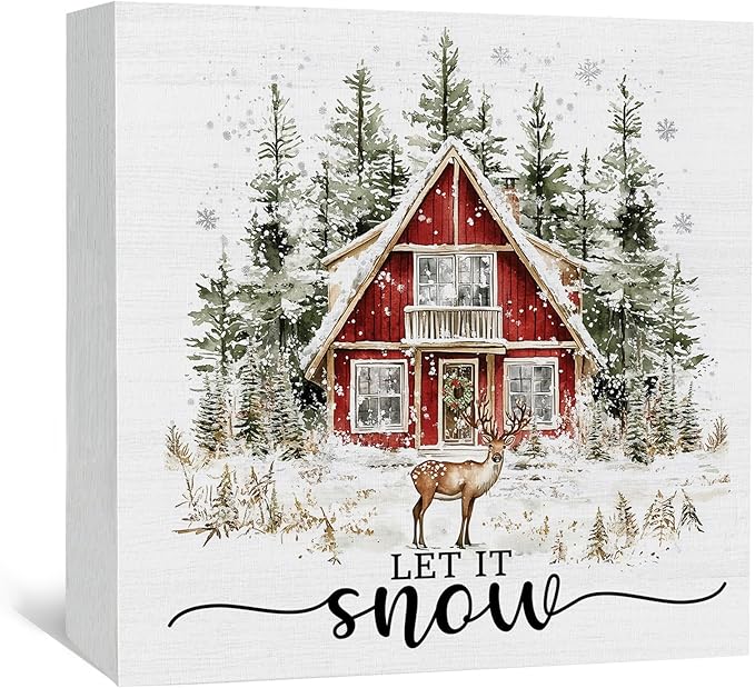 Let It Snow Sign, Winter Christmas Wooden Box Sign, Farmhouse Christmas Decorations, Farmhouse Winter Reindeer Wood Signs For Home Office Desk Table Shelf Decor, 5x5 Inch