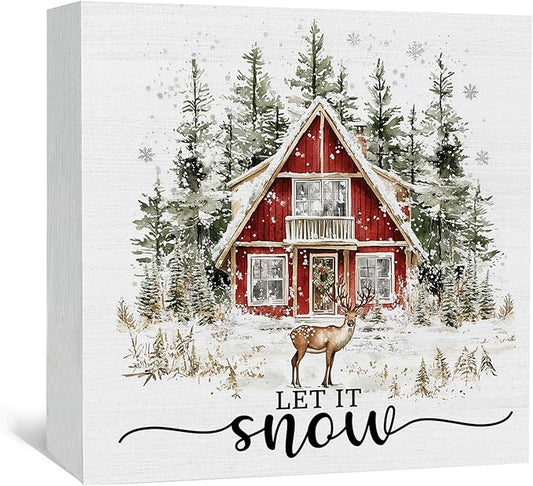 Let It Snow Sign, Winter Christmas Wooden Box Sign, Farmhouse Christmas Decorations, Farmhouse Winter Reindeer Wood Signs For Home Office Desk Table Shelf Decor, 5x5 Inch