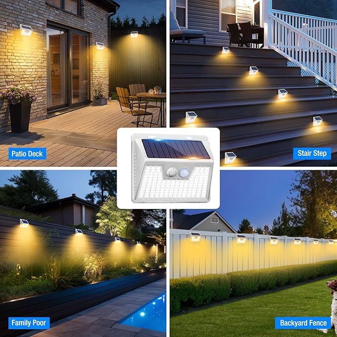Peasur White Frame Solar Motion Sensor Lights Outdoor - 2 Packs, 180LED Warm Solar Wall Lights, Waterproof, 3 Modes Fence Security Lighting for Deck, Yard, Stairs, Garden