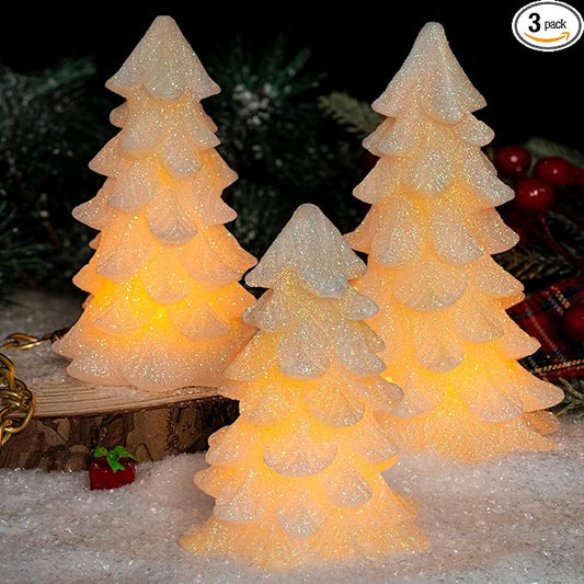 White Glittering Christmas Tree Shaped Flameless Candles with Timer, Real Wax Flickering Battery Operated LED Candles for Christmas Home Party Decoration Set of 3