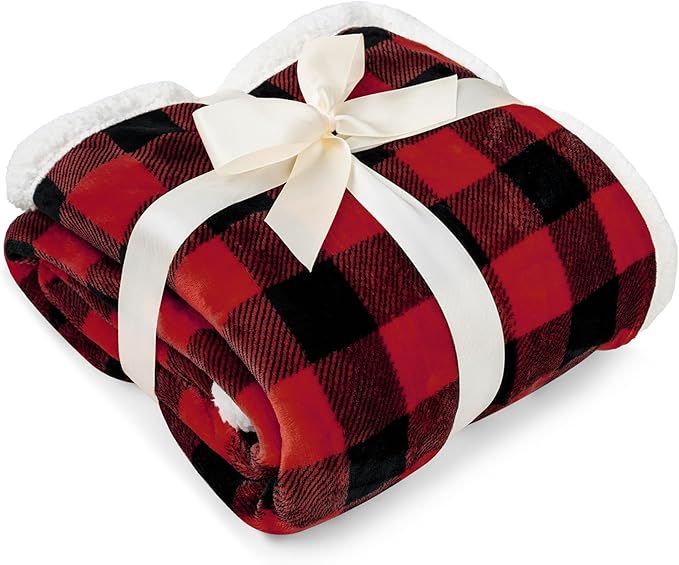 PAVILIA Black and Red Buffalo Plaid Sherpa Throw Blanket for Couch Twin, Soft Fuzzy Flannel Blanket for Bed, Plush Checkered Fleece Blanket and Throws, Warm Thick Winter Blanket Gift, 60x80