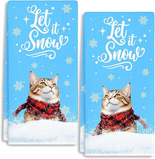 Winter Wonderland Cat Snowflake Towels Dish Towels Dishcloth, Blue Winter Christmas Holiday Decor for Kitchen Bathroom Home, 16 x 24 Farmhouse Decoration Hand Towels Set of 2. (053)