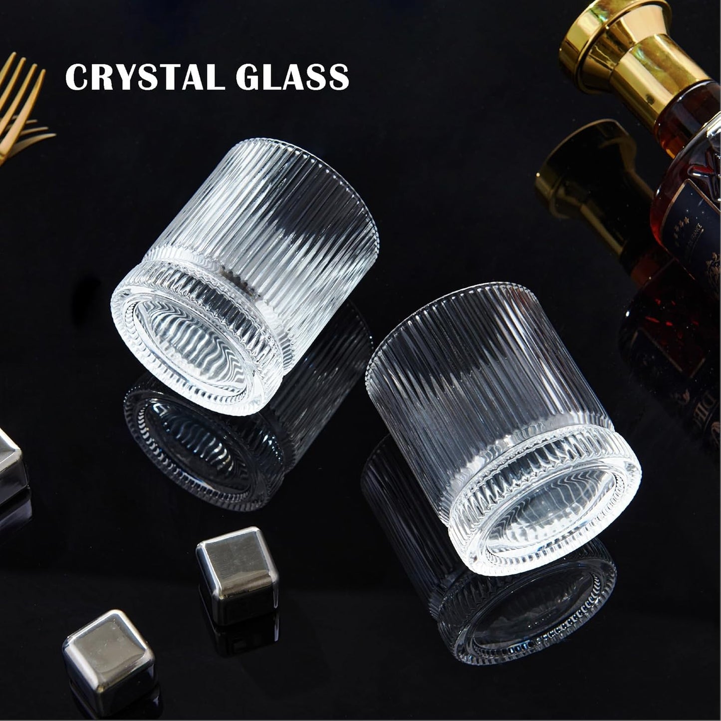 Ribbed Whiskey Glasses Set of 8, 12 Oz Lead-Free Crystal Heavy Base Barware Glass, Perfect for Bourbon Rocks Cocktail Scotch Drinking