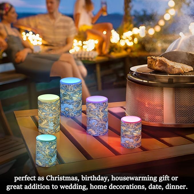 ALAZA Gold Navy Blue Floral01 Flickering Flameless Candles Battery Operated with Remote Timer,Tea Light Candles LED Pillar Votive Candles Set of 2 for Outdoor Indoor Decorations