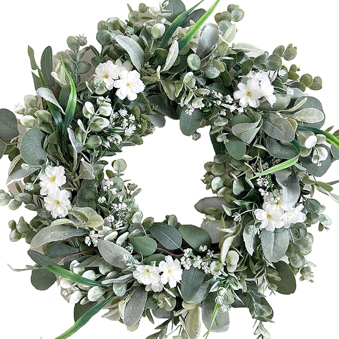 24 Inch Spring Everyday Lamb Ear Green Leaves Wreath for Front Door, Artificial Boxwood Leaves White Wild Flower Wreath for Indoor Outdoor, Welcome Wood Sign Flower