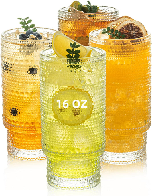 KEMORELA Elegant Highball Glassware Set - 16oz XL Glasses - Mixed Drinks, Iced Coffee, Beer, Juice, Water - Hobnail, Beaded Designs - Set of 4 | Stylish Collection for Any Occasion