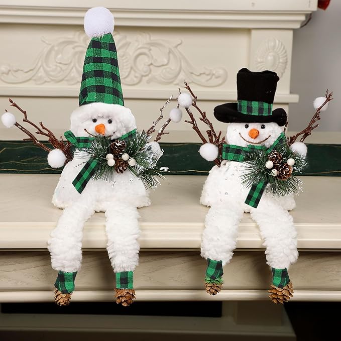 Lulu Home Christmas Snowman Decorations, Set of 2 Plush Shelf Sitters with Dangling Legs, Black & Green Checked Snowman Ornaments for Table Mantel Desk Fireplace Home Holiday Decor