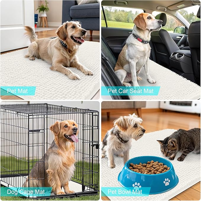 OLANLY Dog Door Mat for Muddy Paws 59x20, Absorbs Moisture and Dirt, Absorbent Non-Slip Washable Doormat, Quick Dry Chenille Mud Mat for Dogs, Entry Indoor Entryway Carpet for Inside Floor, Ivory