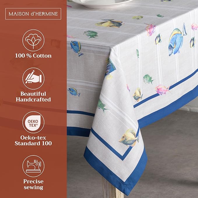 Maison d' Hermine Table Cloth Rectangle Table 100% Cotton 60 x 120 Inches Tablecloth Reusable Decorative Everyday Use for Dining Room, Farmhouse, Home, Party, Festive & Wedding Spring Summer - Poisson