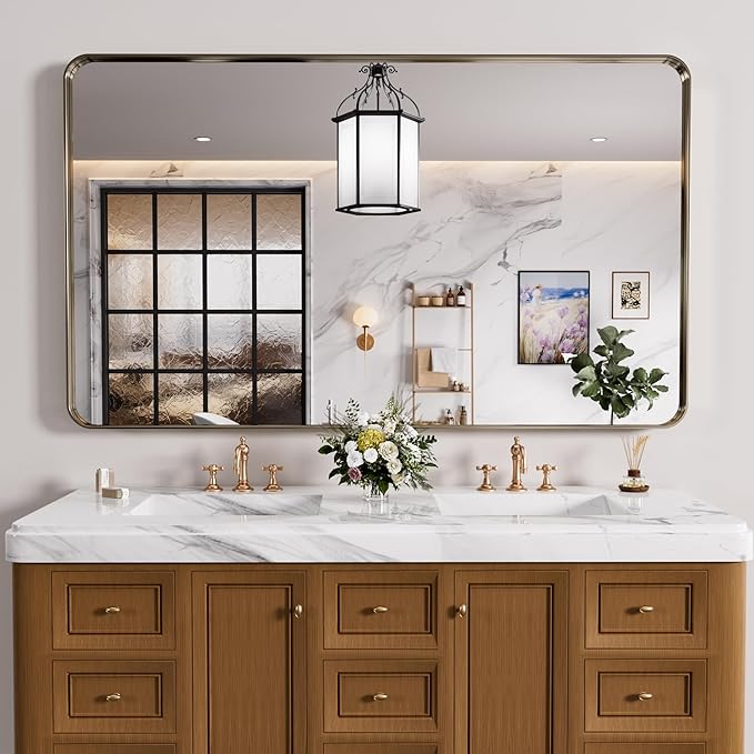 Bronze Bathroom Mirror 55x30 Inch, Brushed Bronze Metal Frame Mirror for Wall, Rounded Rectangle Bathroom Vanity Mirror with Tempered Glass, Anti-Rust, Horizontal/Vertical