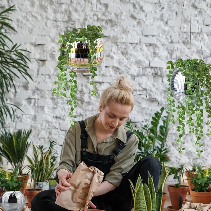 6inch Disco Ball Hanging Plant Pots,Plant Disco Ball Silver Mirror Disco Planter with Chain Hook for Indoor Outdoor Decor and Wooden Stand for Desk,Self Watering Insert Pots, Boho Disco Ball Planter