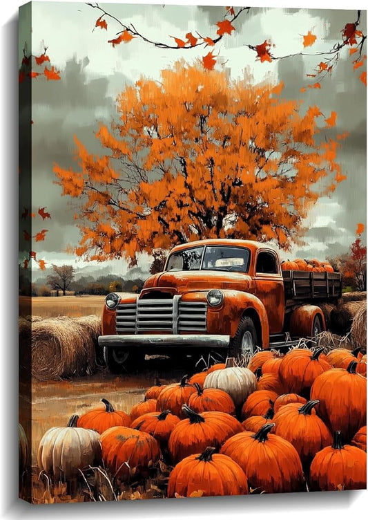 Autumn Wall Art Pumpkin Canvas Wall Decor Truck Picture Fall Harvest Painting Rustic Farmhouse Vintage Artwork for Living Room Bedroom Home Halloween Decor(Art-1,16.00"x24.00")