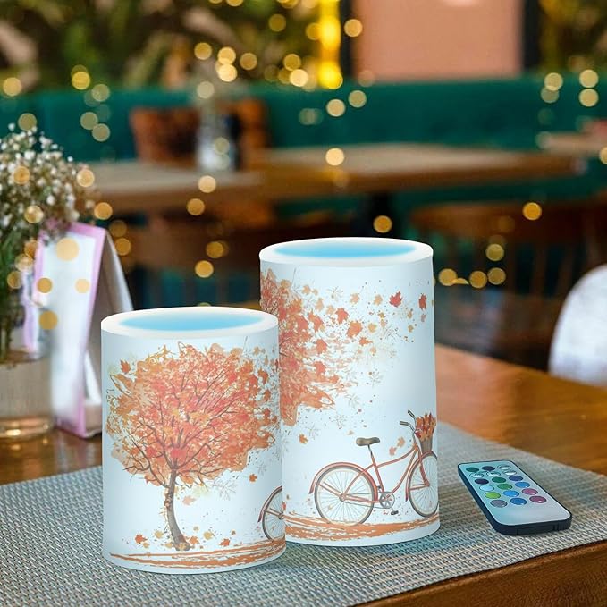 ALAZA Autumn Fall Tree and A Bicycle Thanksgiving Flickering Flameless Candles Battery Operated with Remote Timer,Tea Light Candles LED Pillar Votive Candles Set of 2 for Outdoor Indoor Decorations