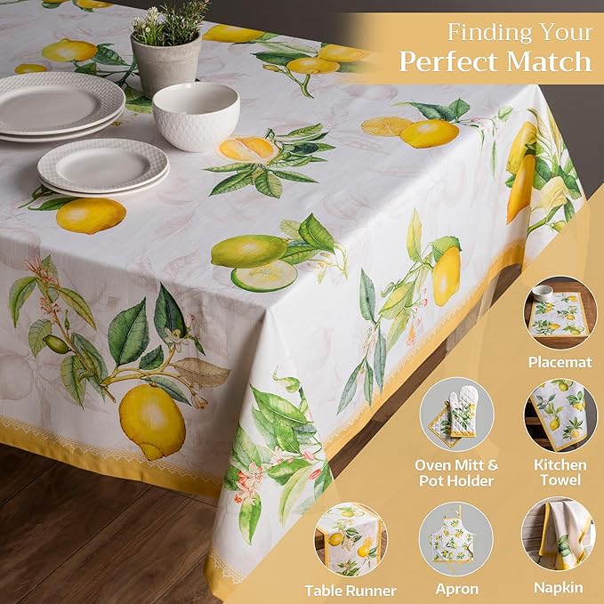 Maison d' Hermine Table Cloth Rectangle Table 100% Cotton 60 x 120 Inches Tablecloth Reusable Decorative for Dining Room, Farmhouse, Home, Party, Festive & Wedding Spring Summer - Limoncello