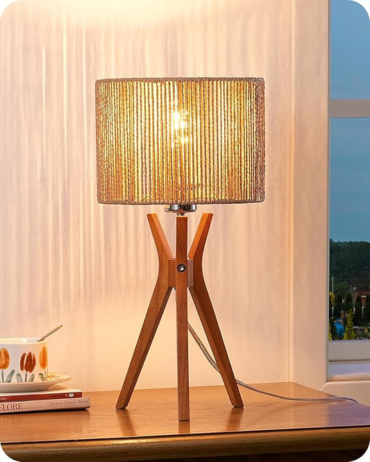 EDISHINE 17.5" Rattan Table Lamp, Wood Bedside Lamp with Handmade Paper Rope Woven Lampshade, Nightstand Lamp for Living Room, Bedroom, E26 Base, ON-Off Switch