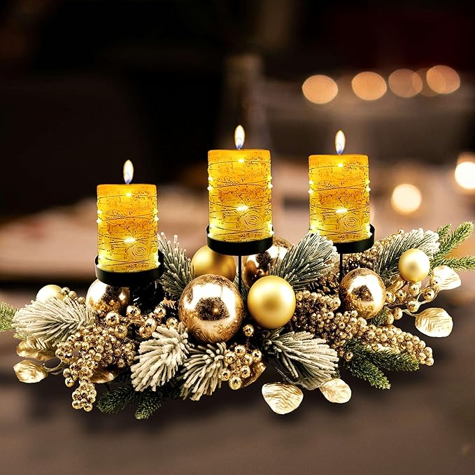 YULETIME 28" Christmas Triple Candelabrum, Holiday Candle Holder with Three Trays, Gold Baubles, Golden Berries & Leaves, Snowy Flocked Pine Needles