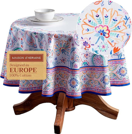 Maison d' Hermine Table Cloth Round Table 100% Cotton 69 Inches Tablecloth Reusable Decorative Everyday Use for Dining Room, Farmhouse, Home, Party, Festive & Wedding Spring Summer - Indian Floral