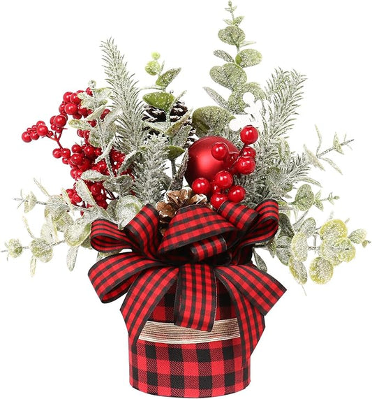 Small Buffalo Check Plaid Christmas Tree, Artificial Mini Tabletop Christmas Tree Decorations, for Winter Home Holiday Party Xmas Decor - Red/Black.