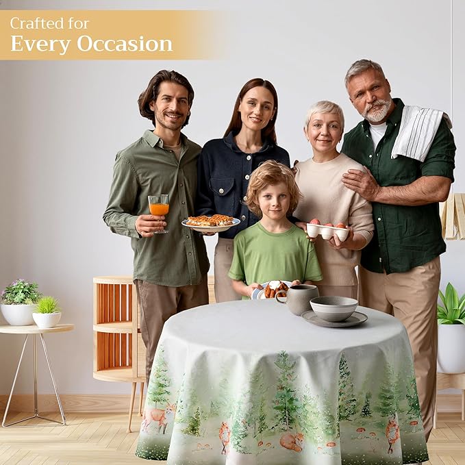 Maison d' Hermine Table Cloth Round Table 100% Cotton 63 Inches Fall Tablecloth Reusable Everyday Use for Thanksgiving Christmas Decorations Dining Farmhouse Party (Winter Mornings)