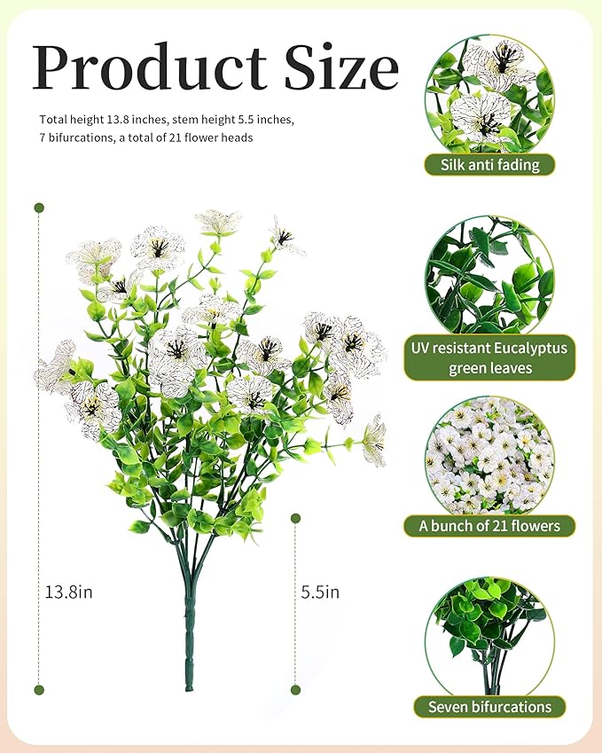 Faux Flowers for Outdoor Planters 16 Bundles UV Resistant Fake Artificial Eucalyptus Plants Outside Spring Summer Yard Decoration Realistic Silk Daisy for Patio,Front Porch,Garden,Pots Decor